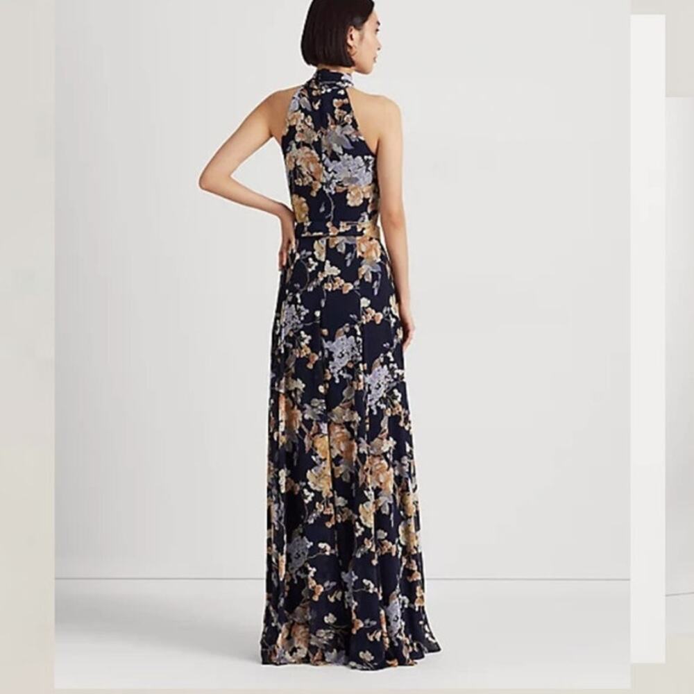 Black Label LRL Floral print Halter neckline sleeveless Belted Gown - Picture 2 of 14